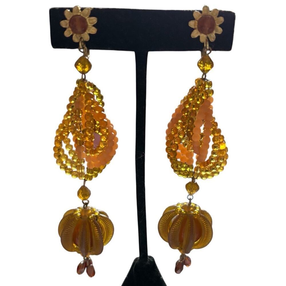 Vintage gold seed beaded clip on drop/Dangle fashion earrings 4” Long Statement